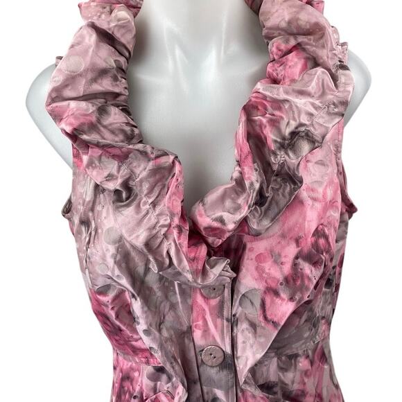 Samuel Dong Pink Gray Floral Ruffle Sleeveless Button Down A-line Shirt Dress M - Picture 3 of 5
